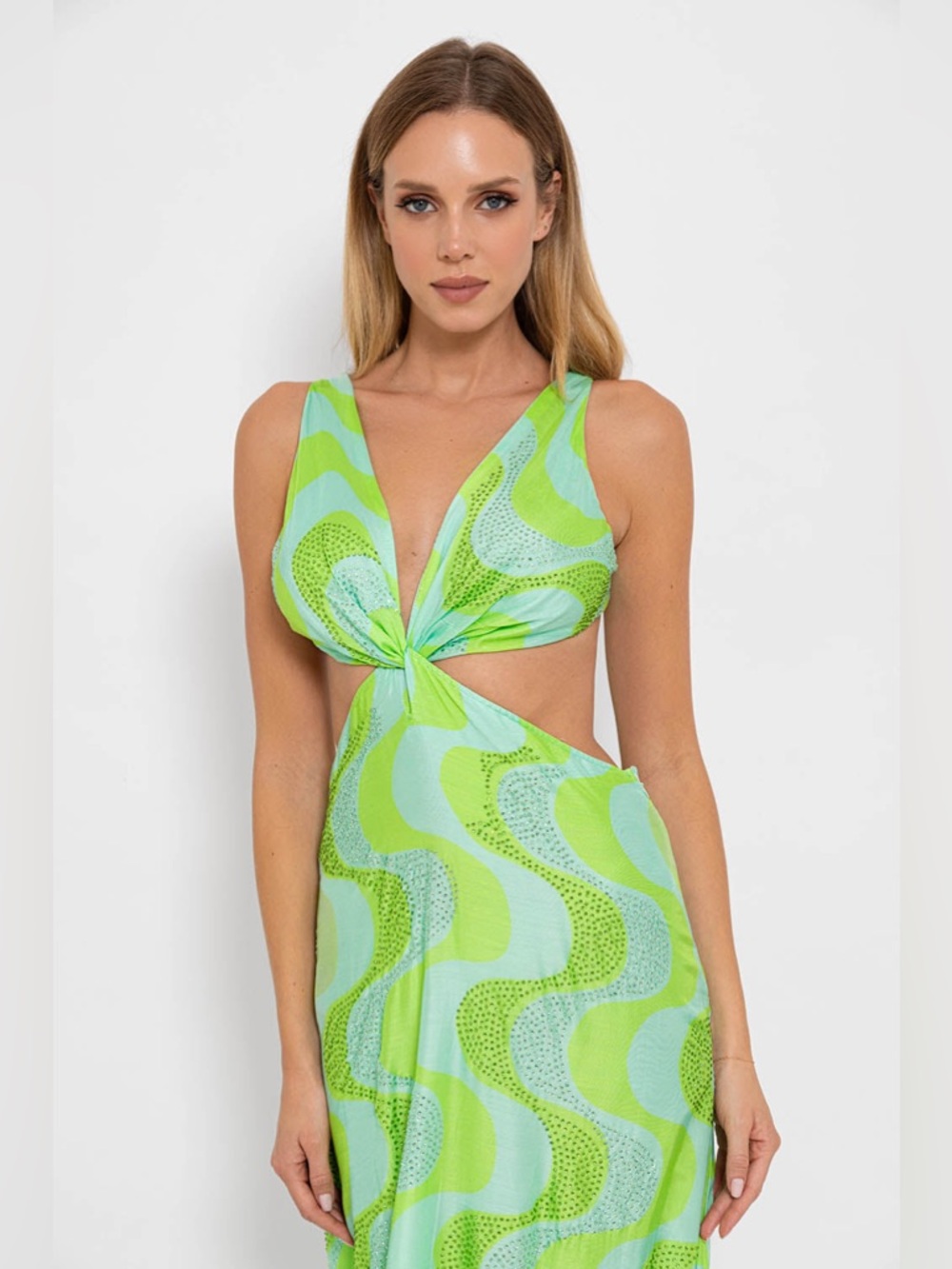New! Sundress Revolve Shana Cutout Maxi Dress Amazonia Rhinestones Lime & Pool💚S - Picture 4 of 16
